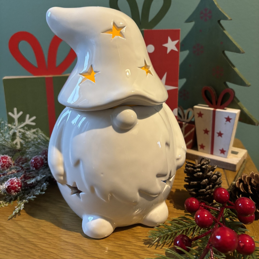 Festive Gonk Wax Melt Burner – White Ceramic Christmas Gonk with Star Cut-Outs