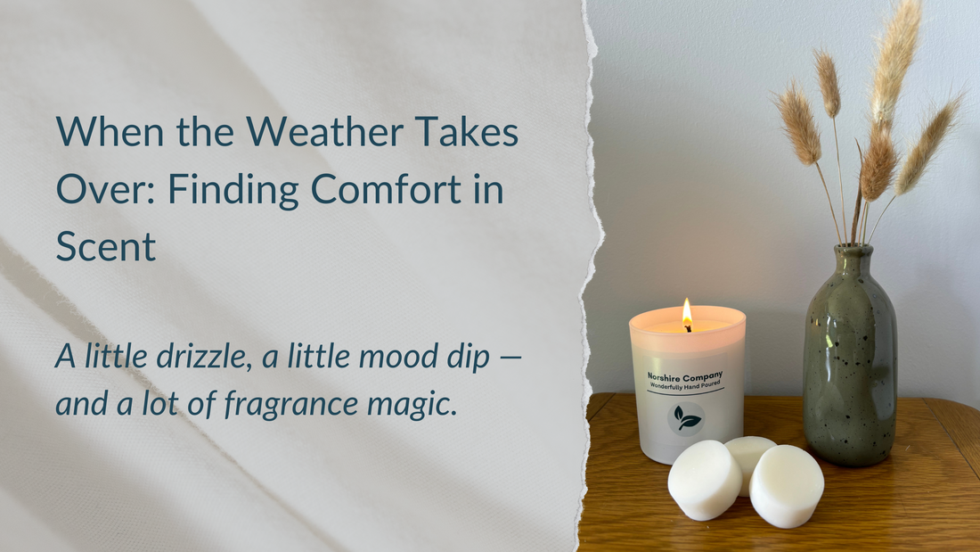 Blog banner reading “Finding Comfort in Scent” on a beige background.