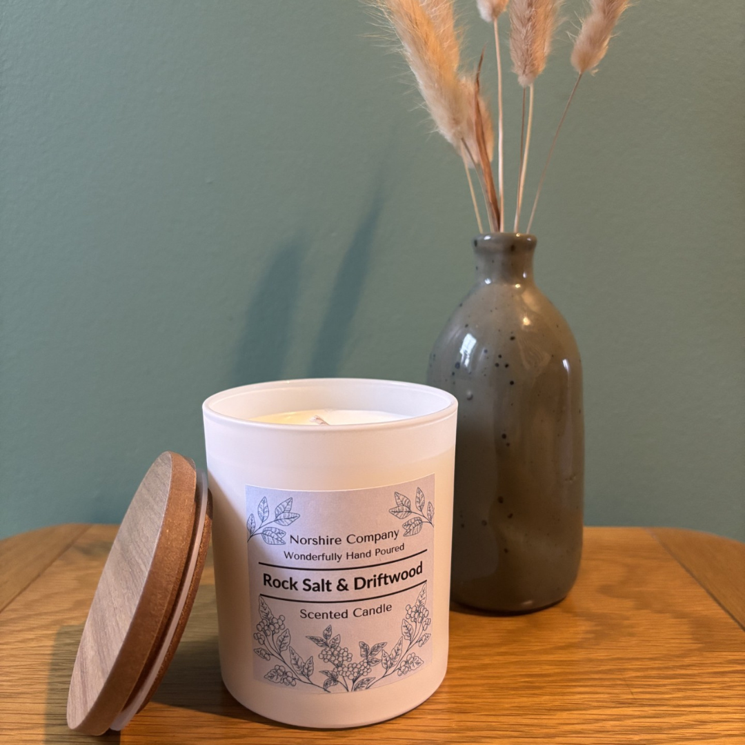 Rock Salt  Driftwood Candle with Wooden Lid