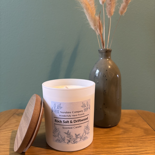 Rock Salt  Driftwood Candle with Wooden Lid